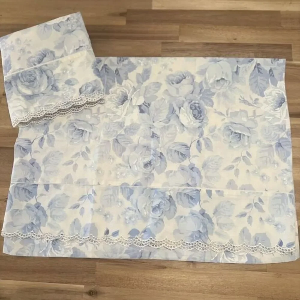 Rare Eileen West Martex Blue Peony Floral QUEEN Sheet Set 4PC‎ Eyelet Lace Trim